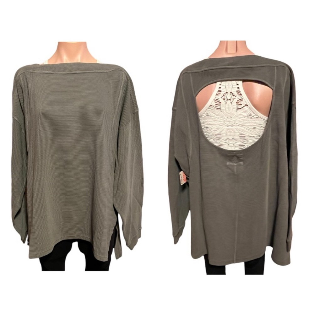 FP Movement by Free People It Takes Two Layer Top Gunmetal Dark Green Ribbed
